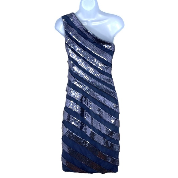 Tadashi Shoji Navy Sequin One Shoulder Cocktail Dress Size 2 - Picture 2 of 8